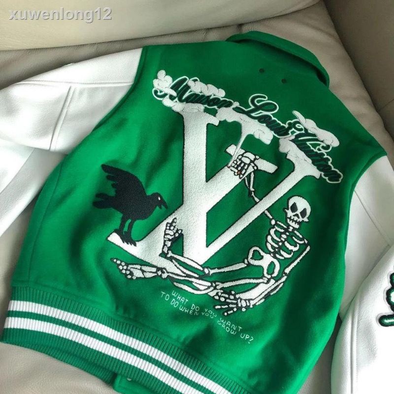 Áo khoác bomber bóng chày  lv xanh chất dạ phối tay da cao cấp