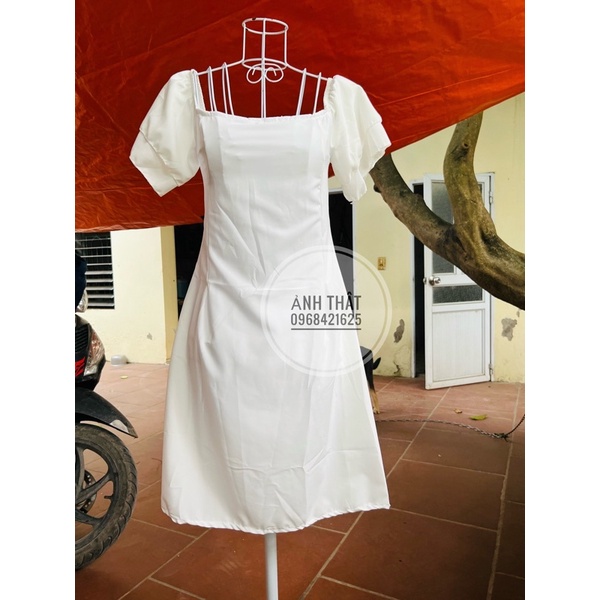 Váy Baby Doll Màu Trắng Khoá lưng Bèo Vai, Đầm Nữ Trắng tiểu Thư,sang choảnh