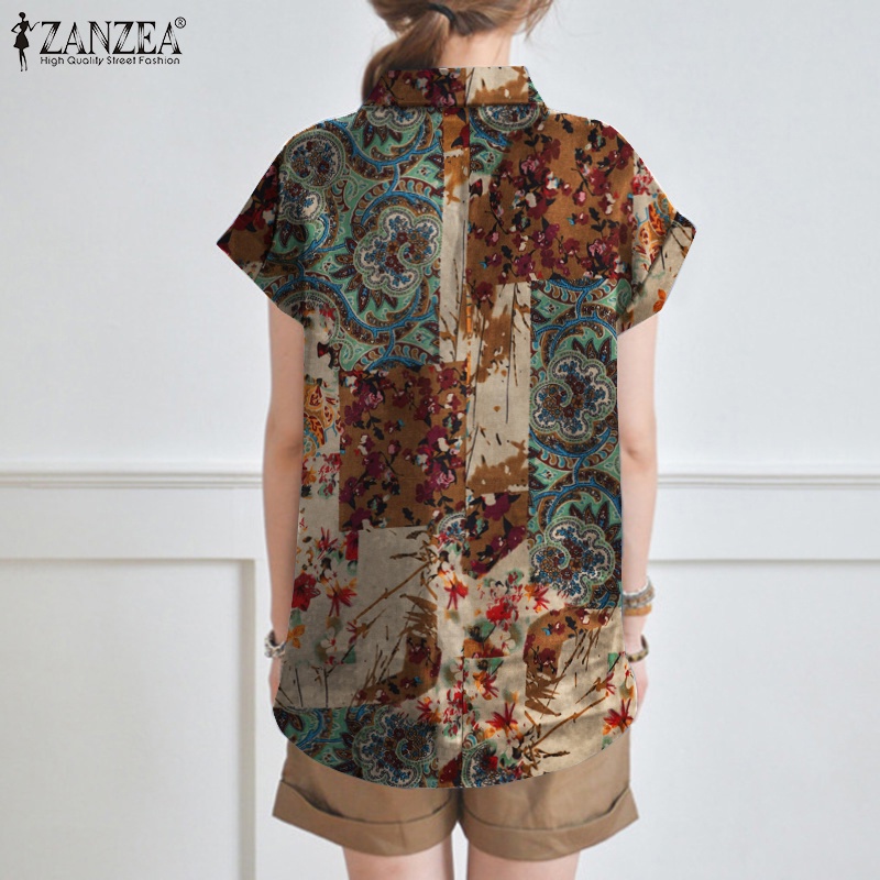 Áo sơ mi ZANZEA tay ngắn cổ bẻ in họa tiết vintage thời trang dành cho nữ