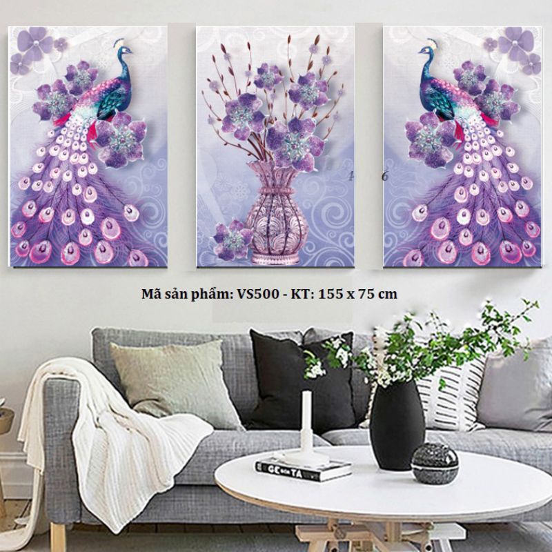 ❣️Mẫu mới ❣️ TRANH ĐÍNH ĐÁ PHU THÊU VIÊN MÃN- BỘ 3 BỨC CÔNG TÍM SỊN SÒ VS500 155X75cm