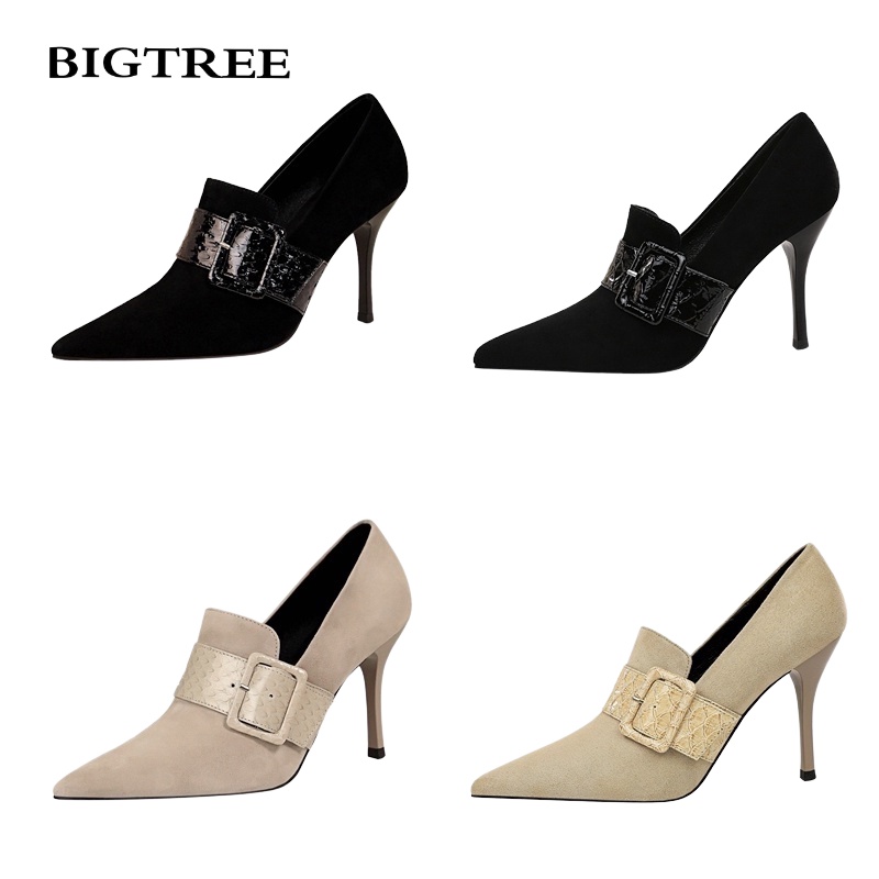 BIGTREE Giày Cao Gót 9.5cm Bằng Da Lộn In Họa Tiết Da Rắn Có Khóa Cài Phong Cách Âu Mỹ Cho Nữ Mall-955-12