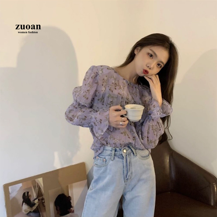 SUXI Áo Chiffon Dáng Rộng Họa Tiết Hoa Tím Phong Cách Hàn Quốc Cho Nữ