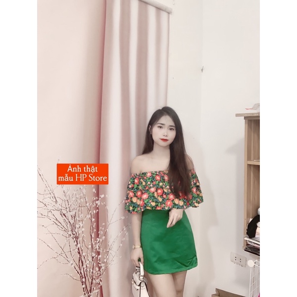 Sét áo hoa thô trễ vai mix chân váy tacta nhiều màu