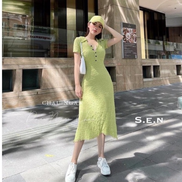 Váy Body Xốp Len Mongtoghi Xòe Đuôi Cá Cúc Ngực Dáng Dài cổ sơ mi Đầm maxi ôm bó
