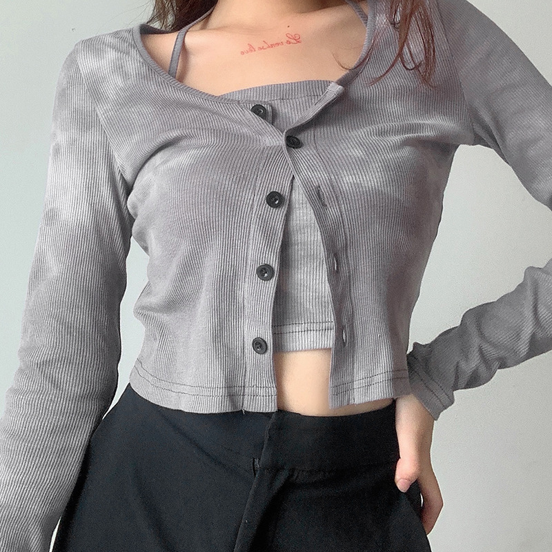 Set áo 2 dây croptop kèm áo Cardigan tay dài thời trang nữ quyến rũ | BigBuy360 - bigbuy360.vn