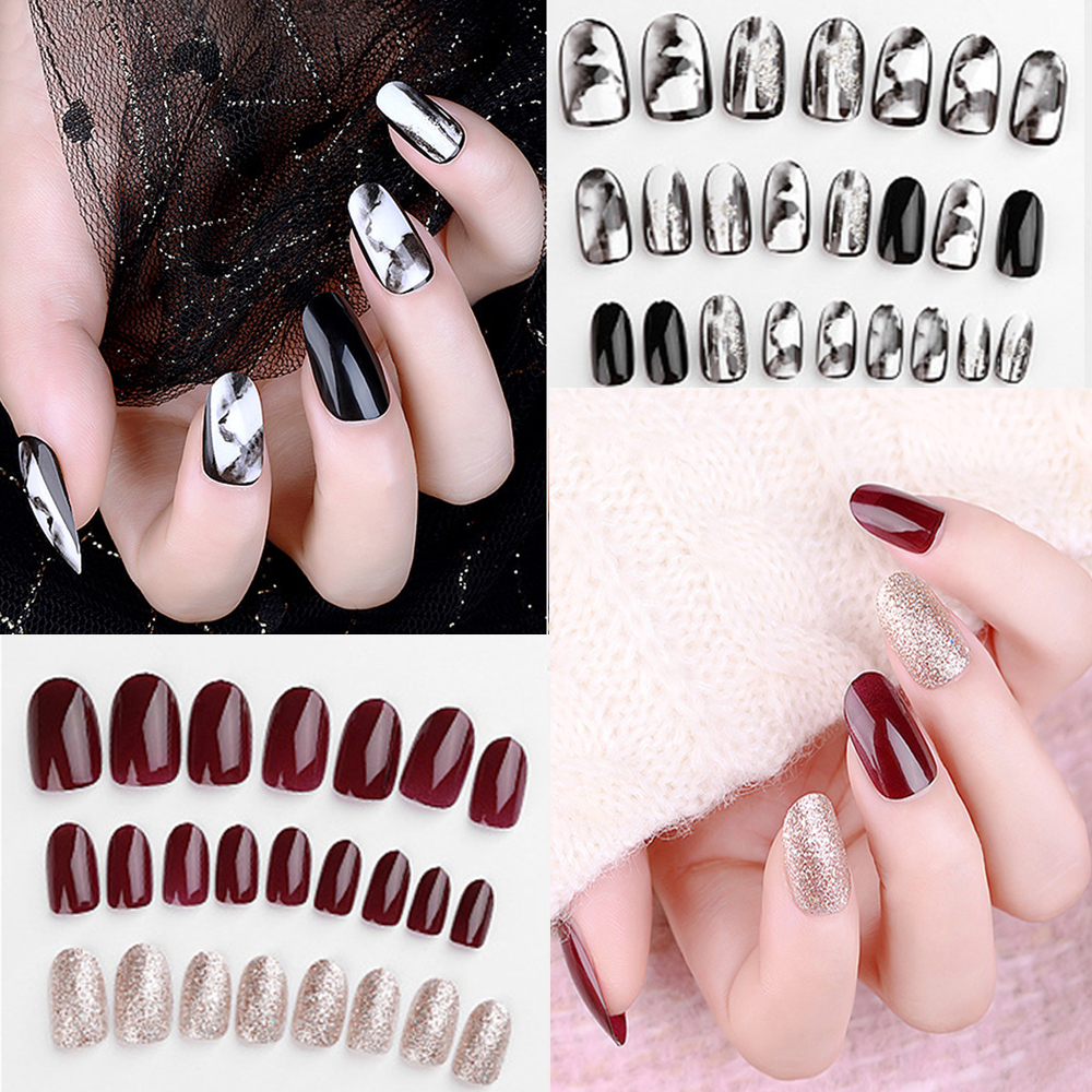 OCEANMAP Women Fake Nails Jelly False Nails Artificial Nails Detachable Cute Manicure With Glue Nail Tips Wearable Press On Nails Nail Art Decoration