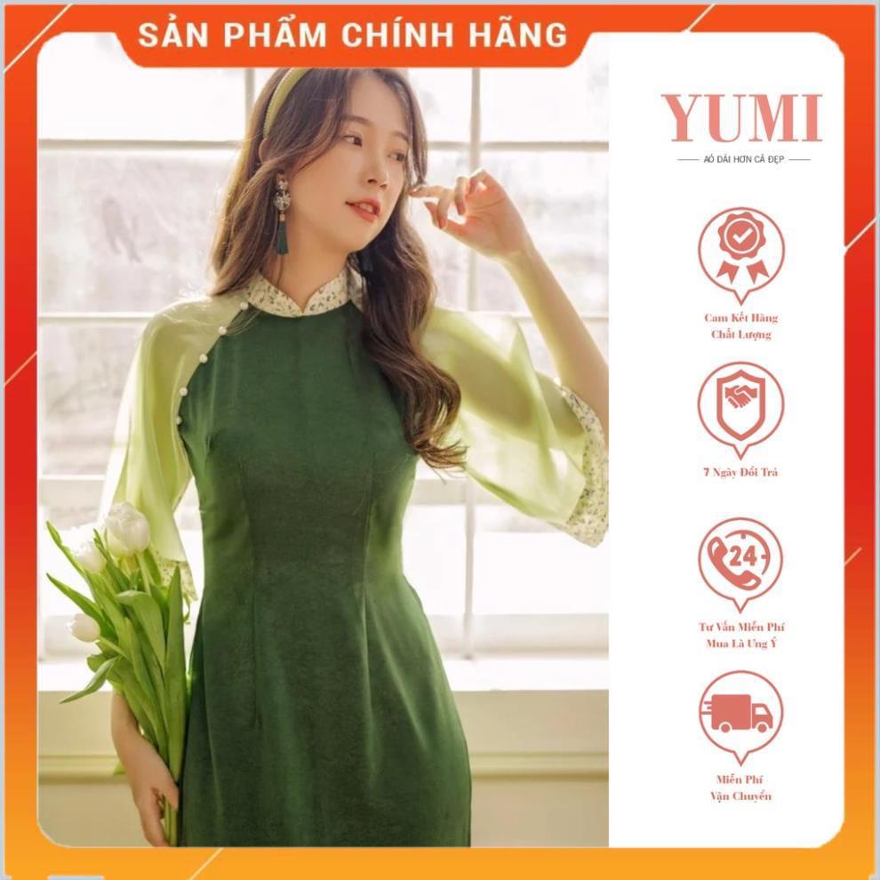 Áo Dài Cách Tân Phối Hoa Nhí, Bách Hoa Xuân Màu Xanh Lá YUMI 121