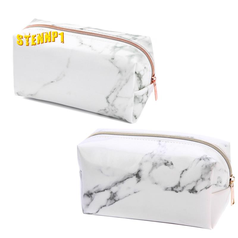 Bóp Viết Da PU Họa Tiết Cẩm Thạch Màu Trắng Có Khóa Kéo Cho Thanh Thiếu Niên