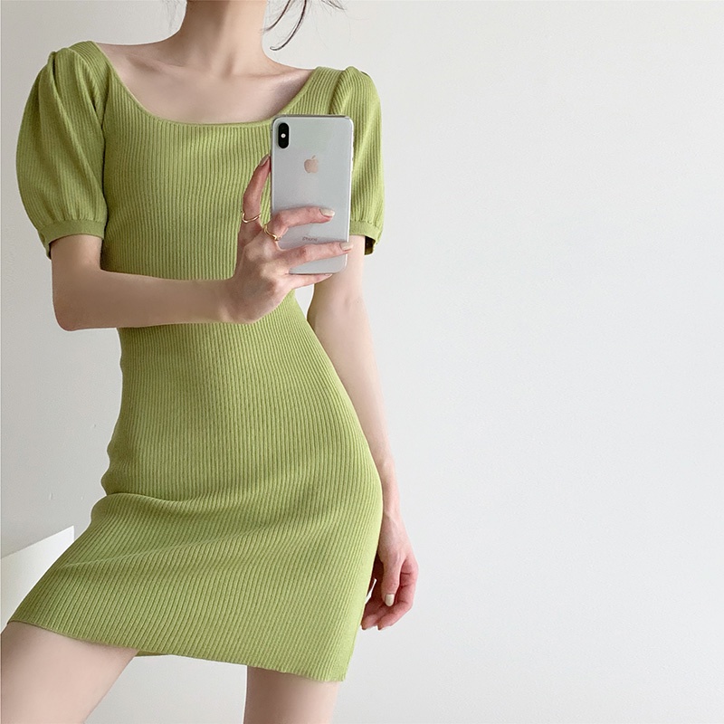 Đầm dệt kim tay phồng cổ chữ U gợi cảm thời trang dành cho nữ