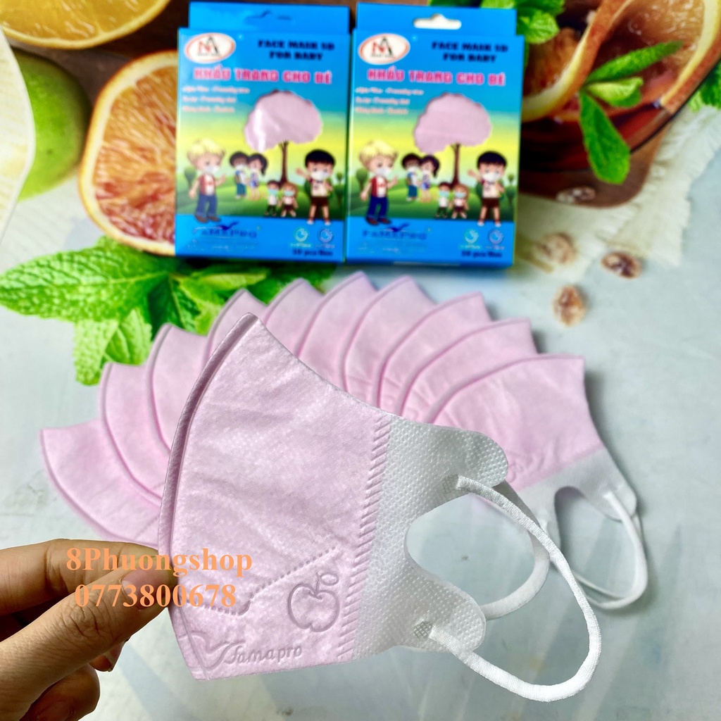 Khẩu trang FAMAPRO 5D BABY TRƠN cho bé 3 lớp kháng khuẩn 10 cái / Hộp Trắng / Xanh / Hồng