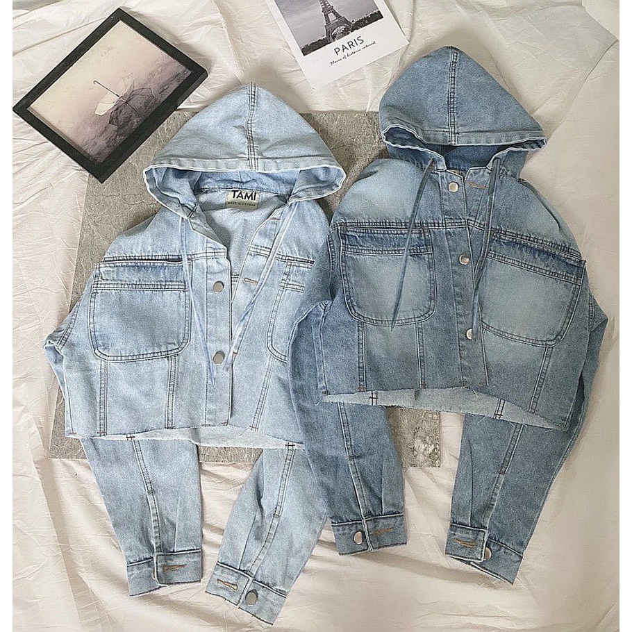 Áo khoác jean nữ form rộng kiểu áo khoác croptop có mũ thời trang bigsize KiKaJeans