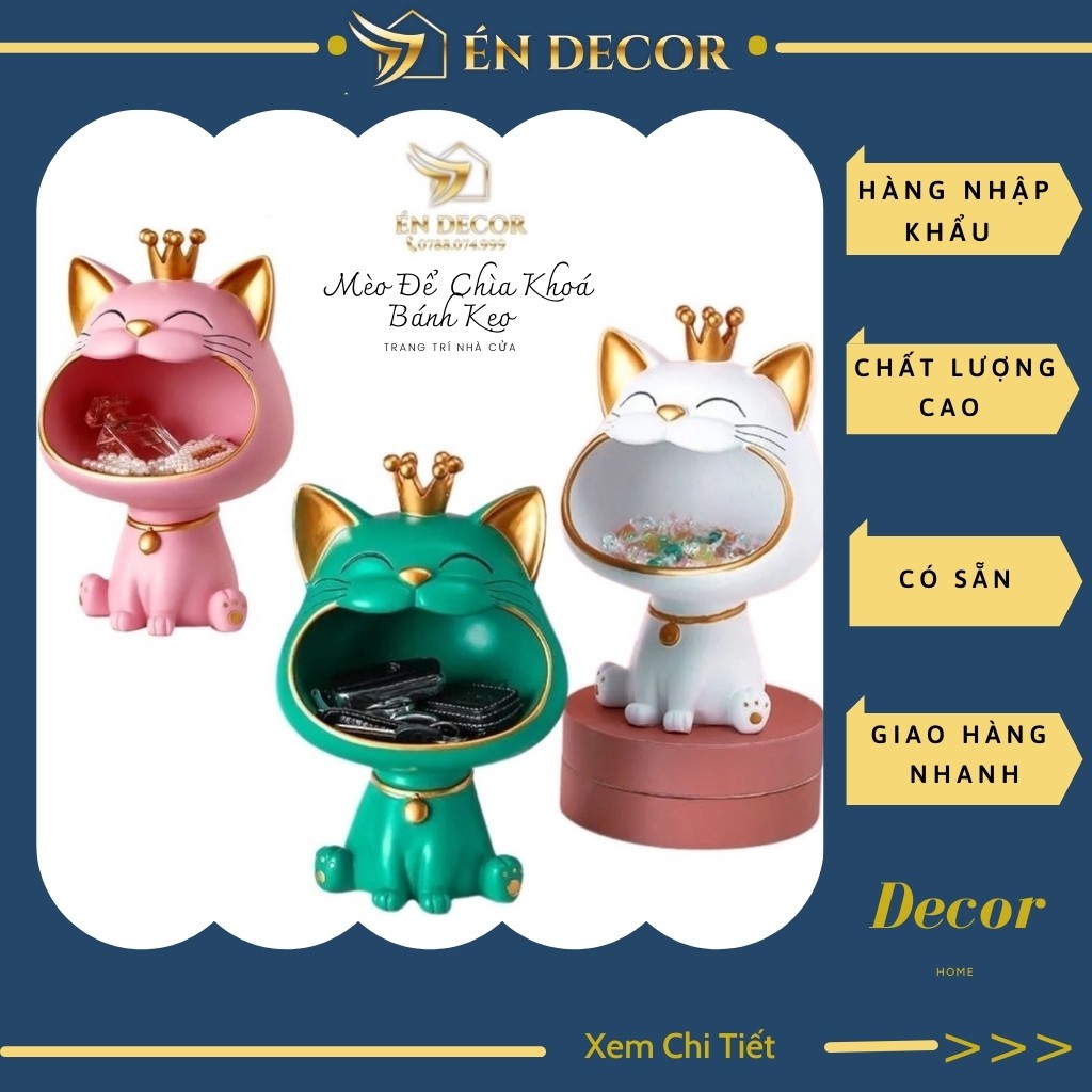 Mèo May Mắn, Mèo Đựng Kẹo Chìa Khóa, Trang Trí Phòng Khách, Trang Trí Phòng Ngủ, Én Decor