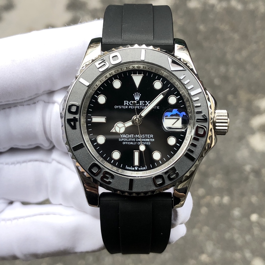 Đồng hồ Nam Rolex tọa đô dây cao su máy cơ automatic size 40mm mặt đen vỏ trắng