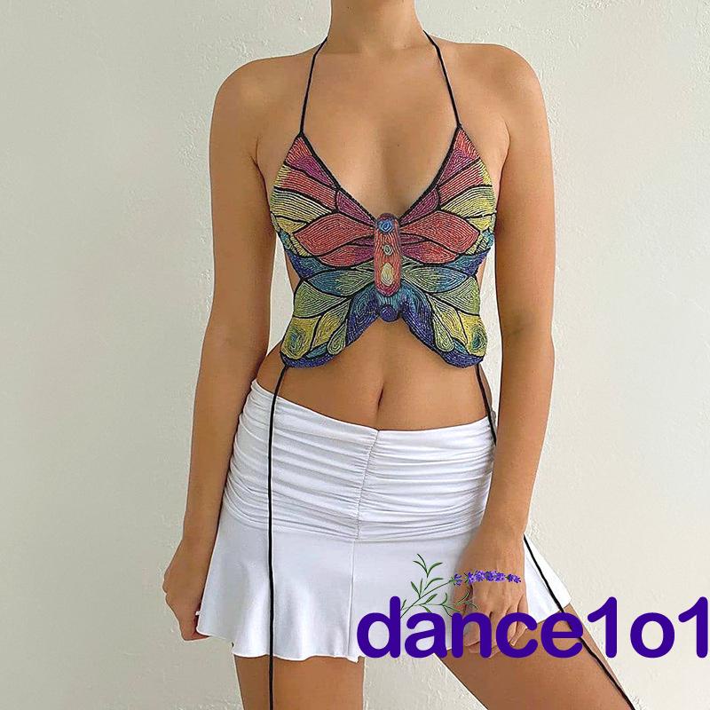❈ZP❀Ladies Summer Butterfly Shape Color Matching V-neck Tie Up Sleeveless Backless Tops