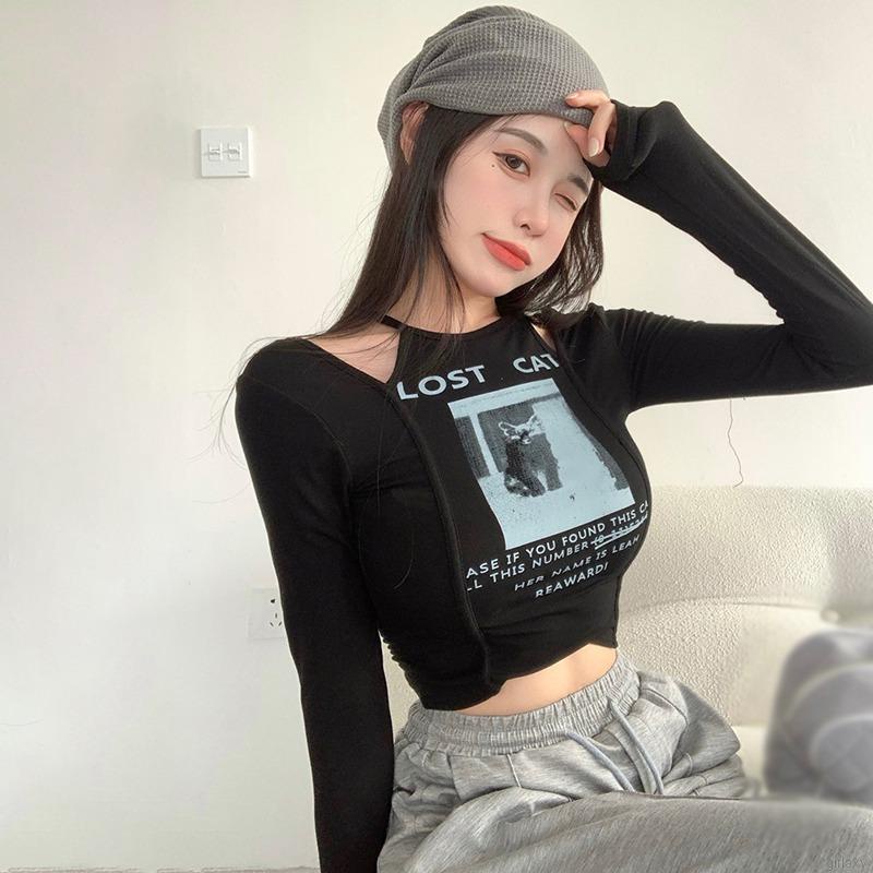 Áo thun lửng tay dài khoét vai gợi cảm cho nữ