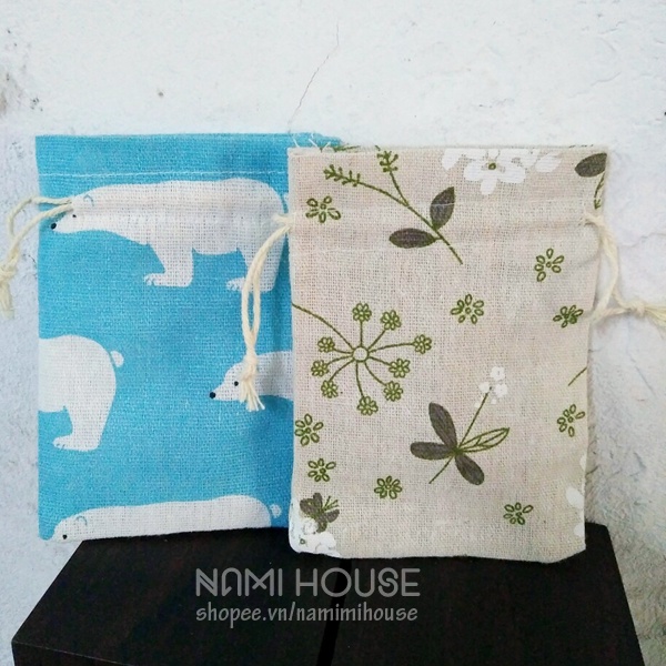 Túi vải làm quà tặng có dây rút họa tiết gấu và hoa vintage vải bố mềm đựng cà phê hoa khô trang trí tiệc đám cưới