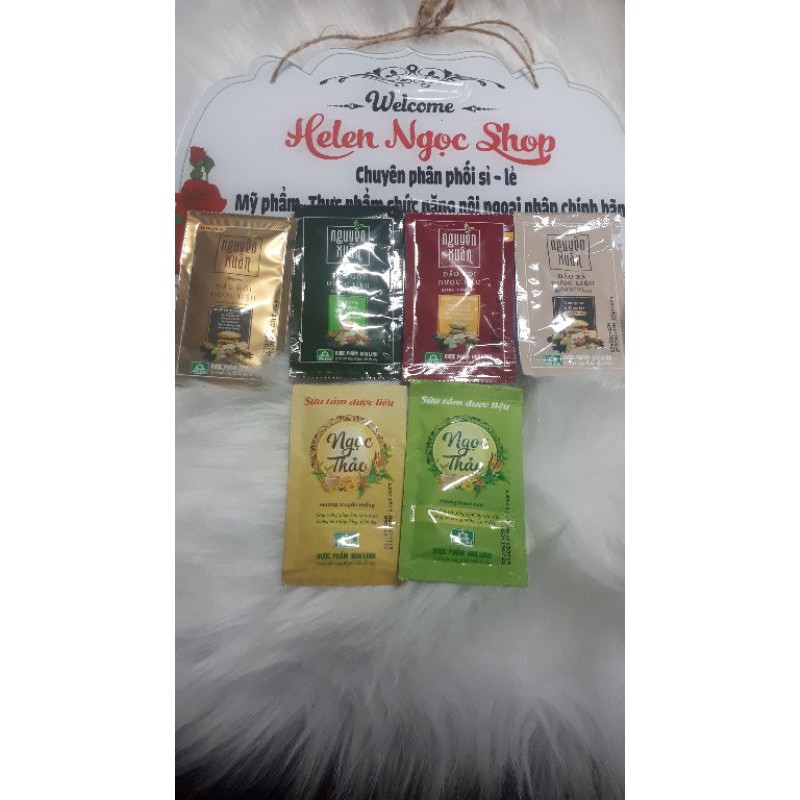 dầu gội/ xả đầu Nguyên xuân xanh/ vàng/ nâu dùng thử là nghiền (6.5ml/gói) và gói sữa tắm Ngọc Thảo Xanh/vàng
