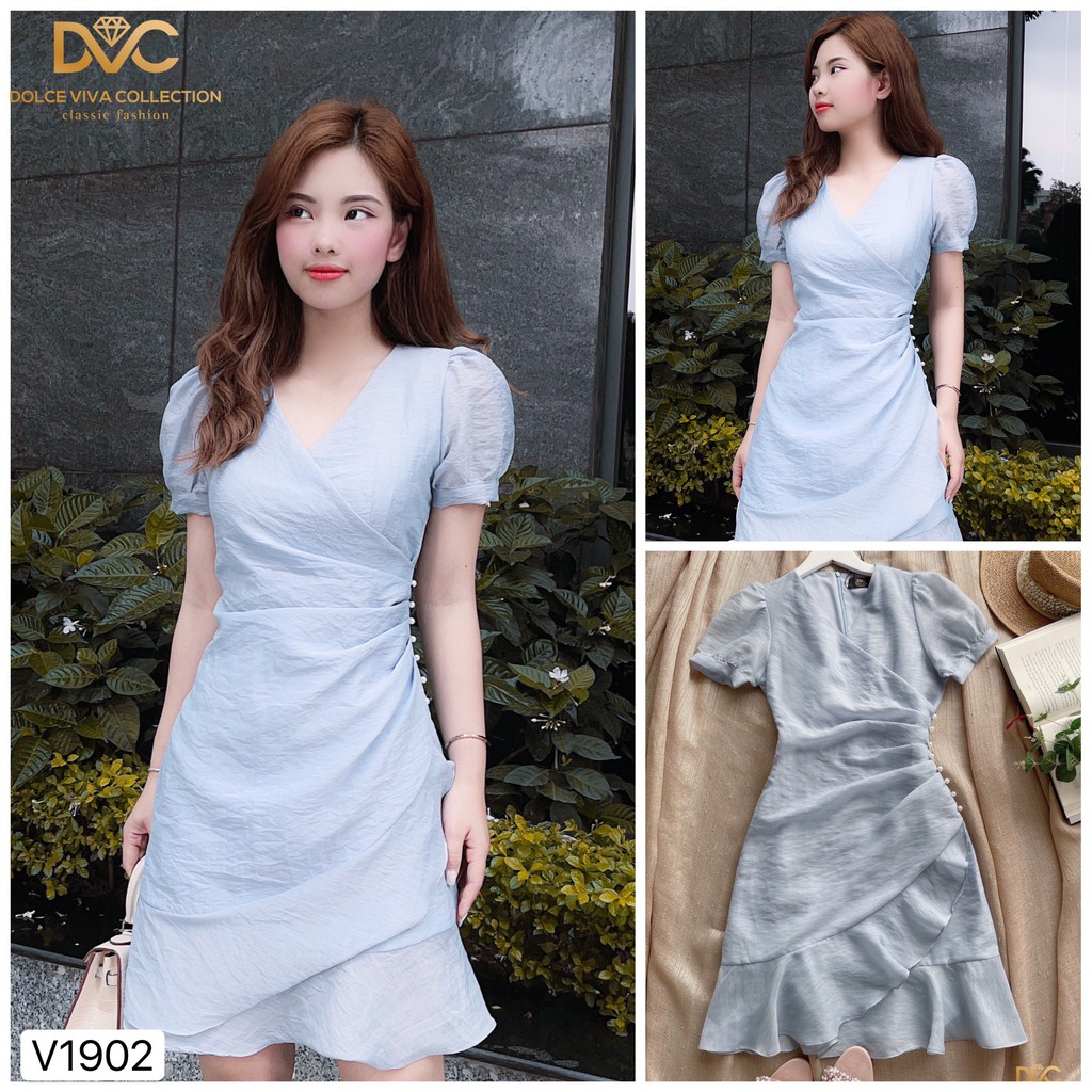 Váy xanh xòe eo đính ngọc V1902 - QUEEN SHOP DOLCE VIVA COLLECTION(ảnh người mẫu+ảnh trải sàn do shop chụp tự chụp))