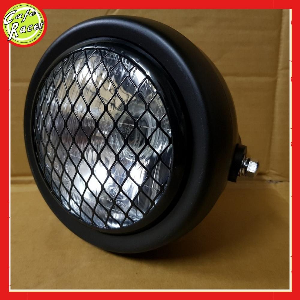 Đèn pha xe máy độ 6,5 icnh cho dòng xe classic gáo sắt sơn đen mặt kính thủy tinh sẵn lưới mắt cáo