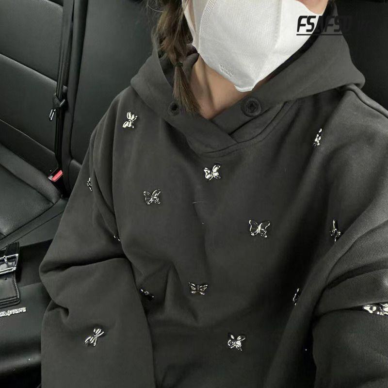 Áo Khoác Hoodie Vải Cotton Đính Hạt Và Bướm Kiểu Mỹ Đường Phố Thời Trang Mùa Thu 2022 Cho Nữ