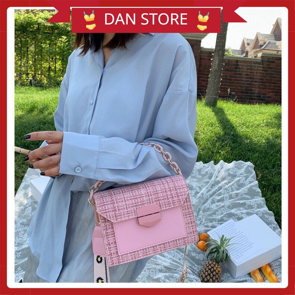 Túi Xách NữTặng QuàTúi Xách Giá Rẻ vải len phối da cao cấp kèm dây đeo chéo in hình hoa cúc trẻ trung MÃ 6067