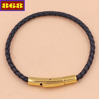Vòng tay dây da đen 3 ly móc inox vàng vddebv - dây da đeo tay