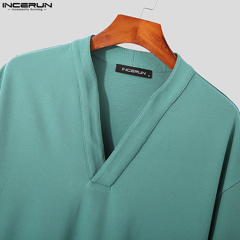 INCERUN Áo Thun Tay Ngắn Cổ Chữ V Màu Sắc Đơn Giản Cho Nam