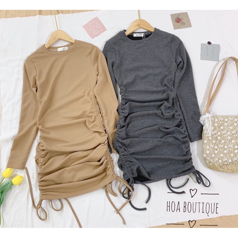 Đầm len tăm body tay dài rút dây hai bên phong cách sang chảnh