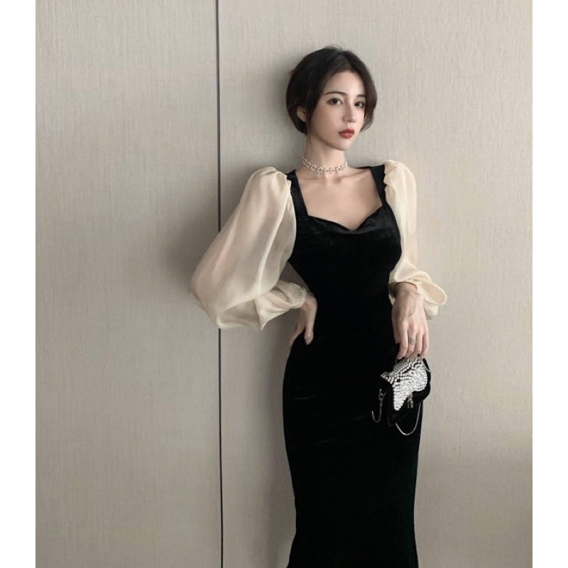 Đầm body nhung phối tay voan xoè
