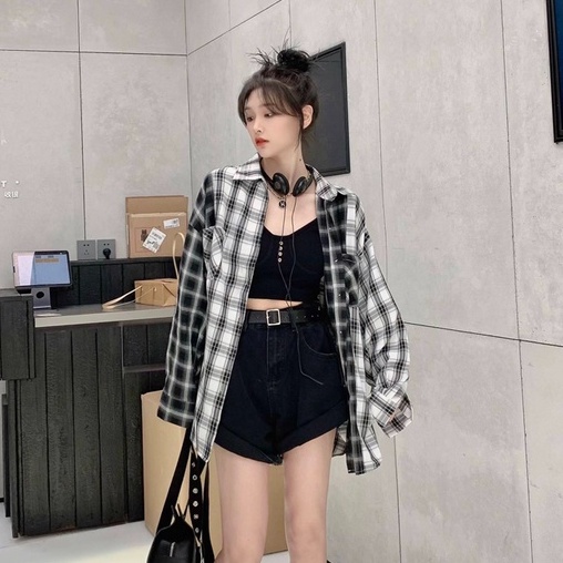 Áo Sơ Mi Tay Dài Dáng Rộng Kẻ Sọc Ca Rô Đen Trắng Kiểu Retro