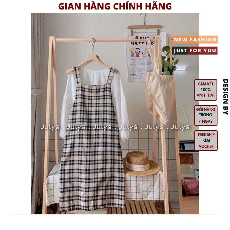 Set váy yếm kẻ 2 dây kèm áo  dáng xòe kiểu dáng ulzaang hàn quốc hot trend