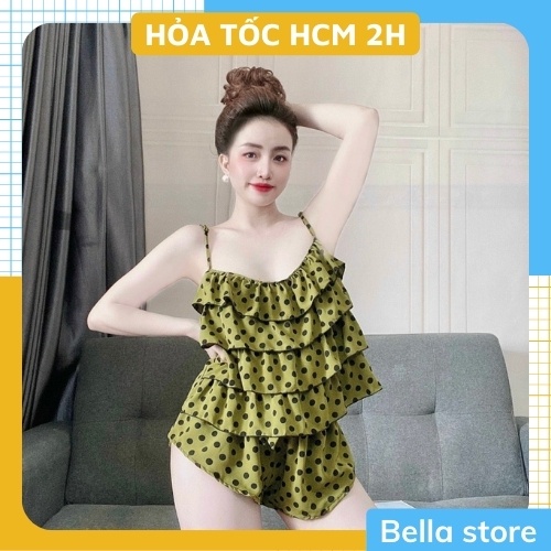 Đồ Ngủ Sexy Nữ, Đồ Mặc Nhà 2 Dây Tầng Quần Cọc Họa Tiết Chấm Bi Chất Lụa Latin Cao Cấp Form Chuẩn Size Dưới 60kg Mặc Vừa