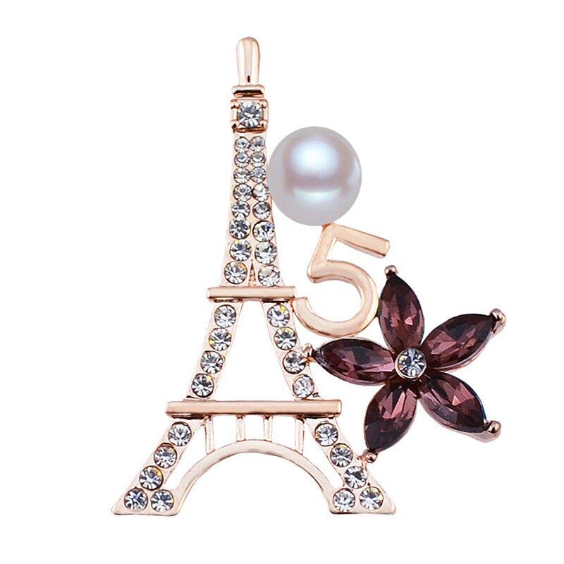 Ghim Cài Áo Hình Tháp Eiffel Và 5 Bông Hoa Đính Đá Nhân Tạo Thời Trang Sang Trọng Cho Nữ