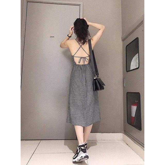 ĐẦM XINH HAI DÂY CARO SAMI DRESS PHÍA SAU ĐAN DÂY HỞ LƯNG - CÓ MÚT NGỰC