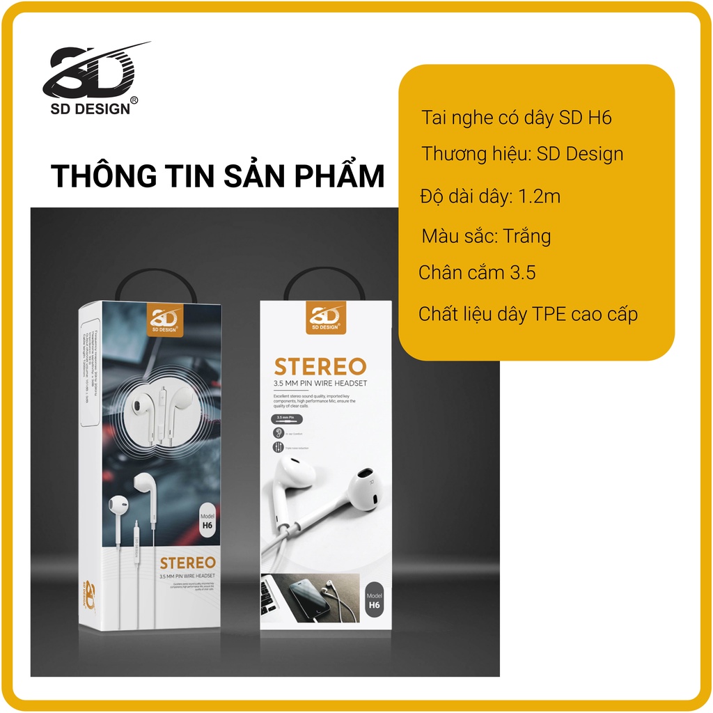 Tai nghe chính hãng nhét tai SD Design X15 và H6 dùng cho các dòng điện thoại jack 3.5mm,có mic bảo hành 1 đổi 1