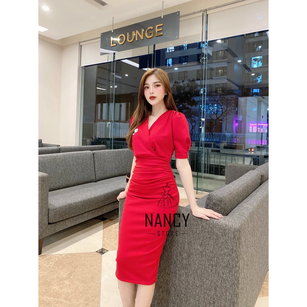 Váy đầm nữ body cao cấp sang chảnh cổ vuông, tay bồng, ngọc đính dự tiệc công sở | BigBuy360 - bigbuy360.vn