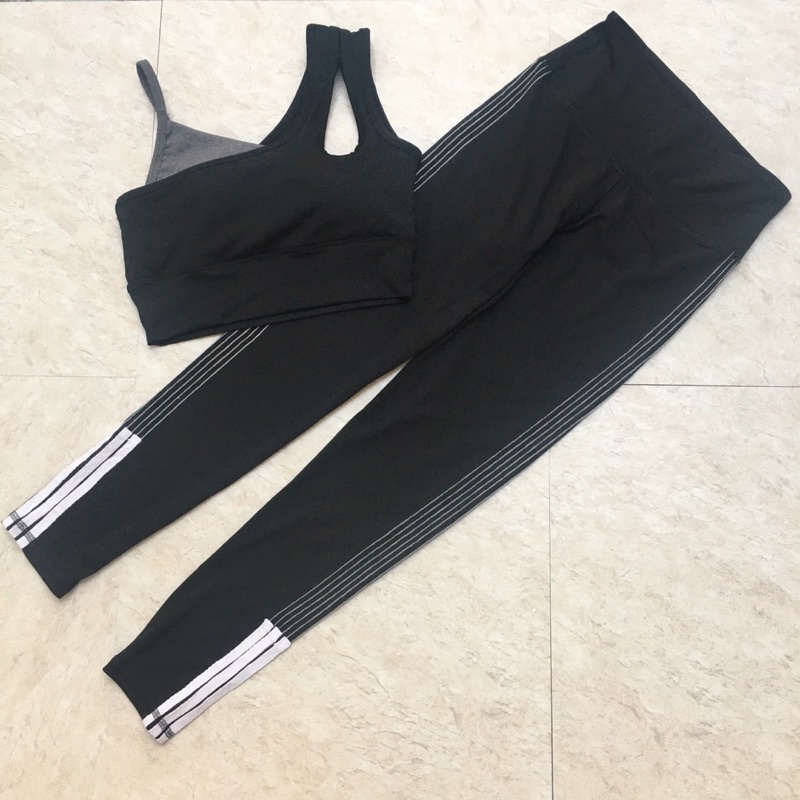 Bộ dài ôm chạy chỉ sọc bra lệch vai tập gym yoga nữ
