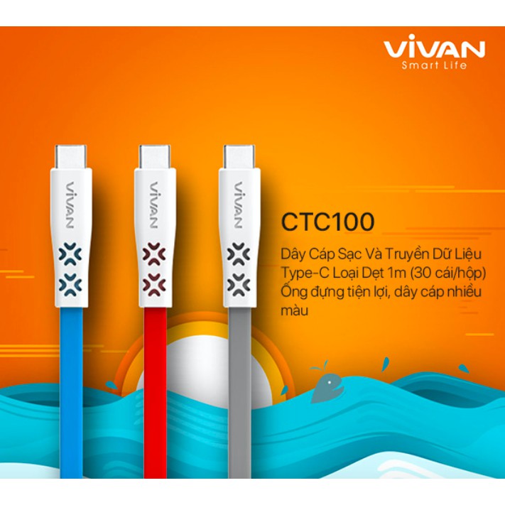 Cáp Sạc Type-C Loại Dẹt 1 mét 2.4A-sạc cho điện thoại Samsung Xiaomi Oppo Huawei -VIVAN CTC100- chính hãng