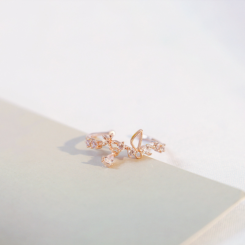 Nhẫn Hình Cánh Bướm Và Hoa Đính Đá Zircon Màu Vàng Hồng Xinh Xắn Cho Phụ Nữ
