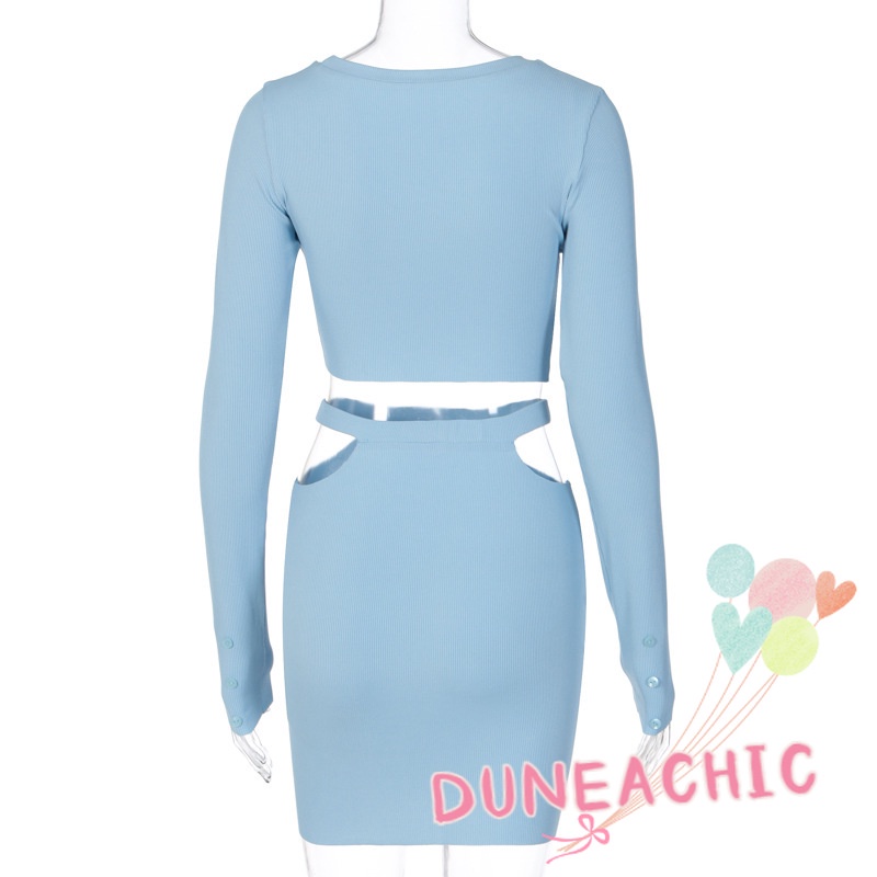DUNEA Set Áo Croptop Tay Dài + Chân Váy Xẻ Tà Thời Trang Cho Nữ
