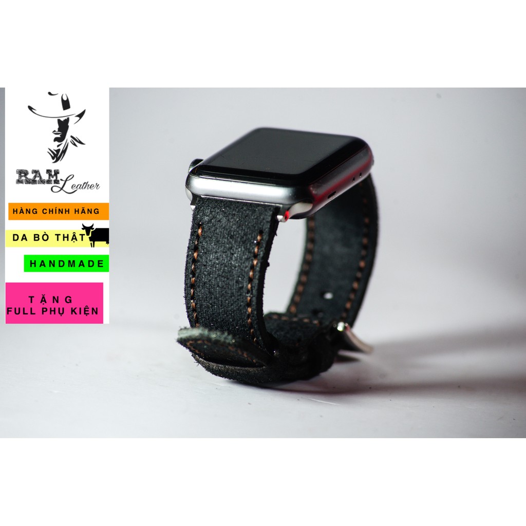 Dây đồng hồ Apple Watch , Iwatch , Iphone Watch Da Bò Thật Đen Tuyền RAM Leather Classic 1966  Bền Đẹp