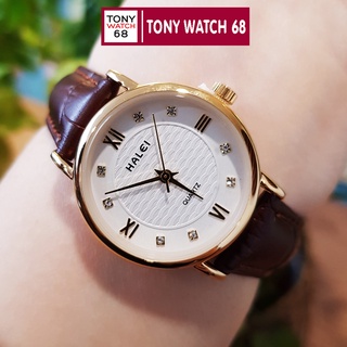Đồng hồ nữ Halei dây da nâu mặt số la mã nhấn đá chống nước chính hãng Tony Watch 68