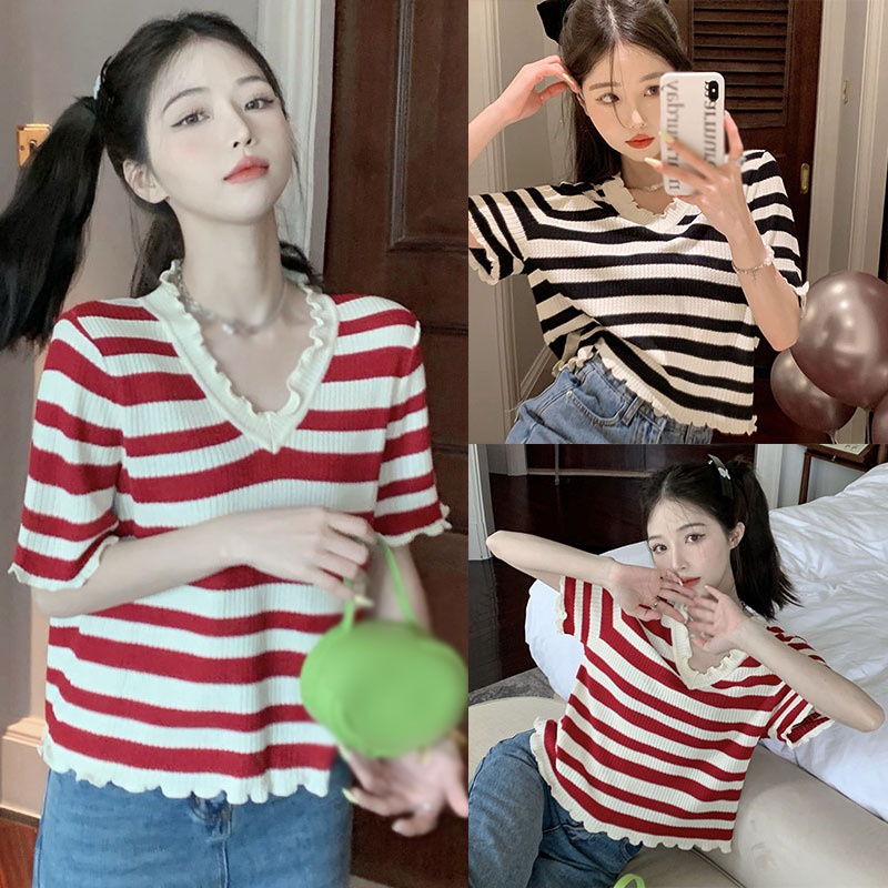 Áo Dệt Kim Ngắn Tay Cổ Chữ V Form Ôm Họa Tiết Kẻ Sọc