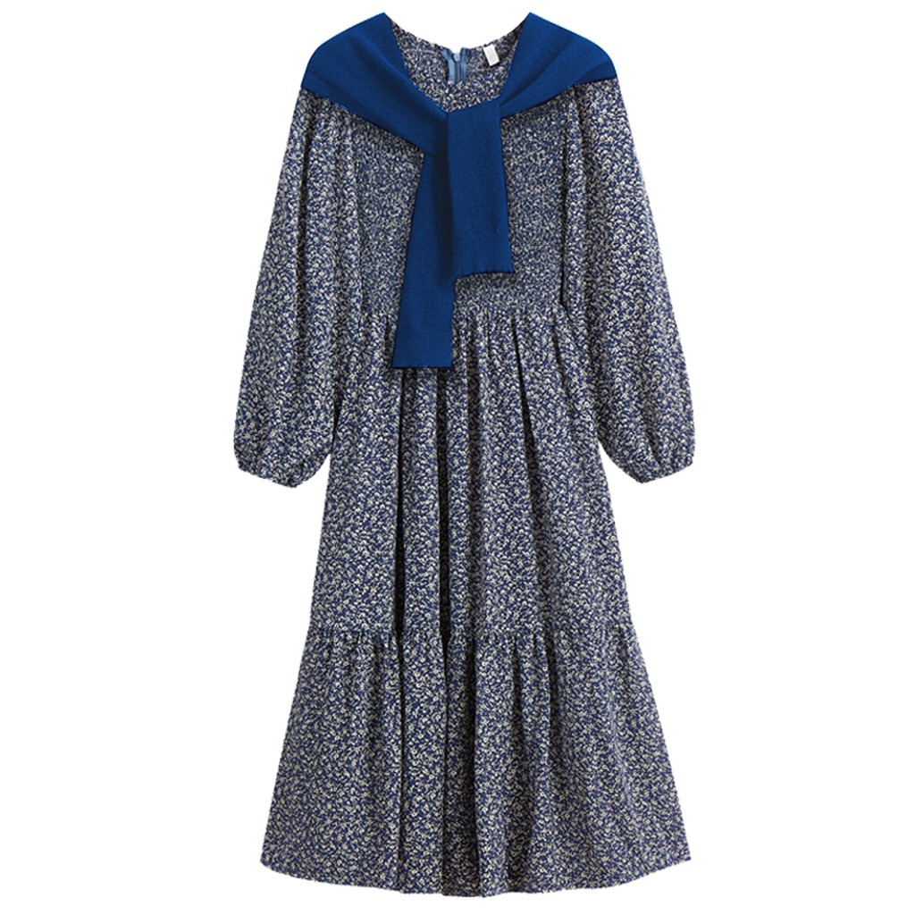 Váy MORAN hoa nhí dài tay mùa thu xanh dương xòe dài đuôi cá điệu đà vintage Hàn Quốc