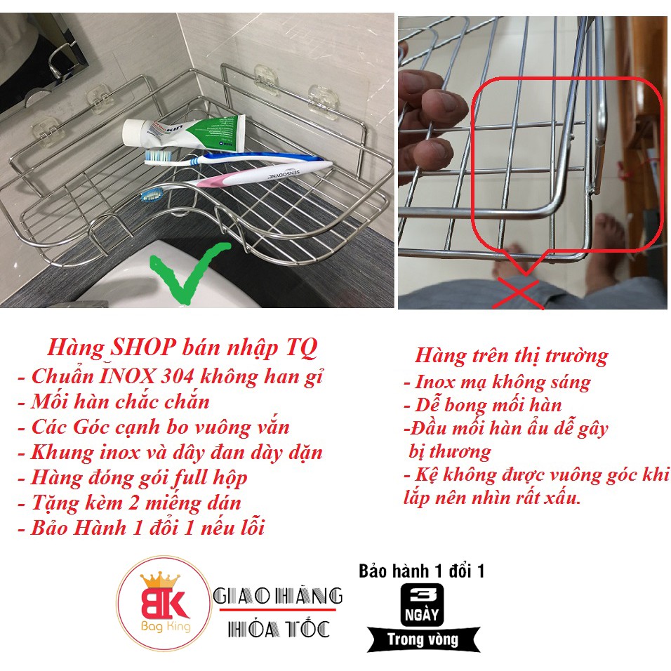 Kệ góc Inox không gỉ nhà tắm, nhà bếp, phòng khách dán tường siêu dính chịu lực 10kg (ảnh thật+ video)