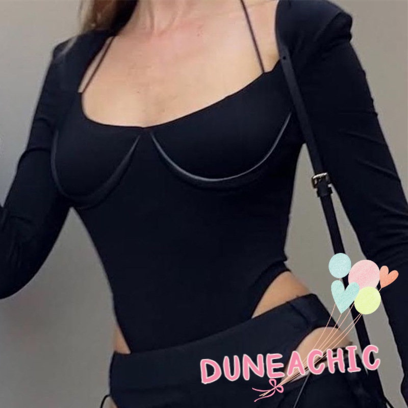 Áo liền quần DUNEA dài tay cổ vuông dáng ôm thời trang dành cho nữ