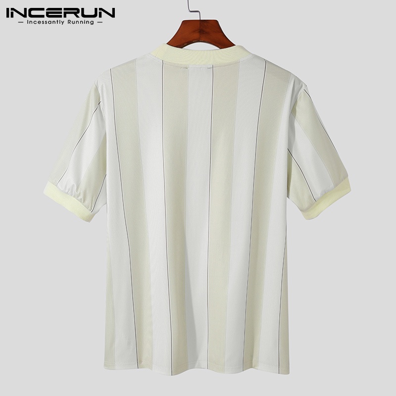 Áo thun Incerun ngắn tay cổ tròn họa tiết kẻ sọc 3 màu thời trang cho nam