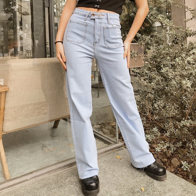 Jeans ống rộng túi trước gấu cắt Quần jean nữ ống rộng cạp cao cá tính J430