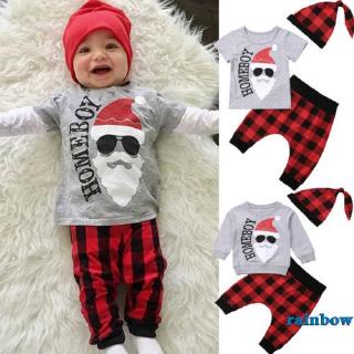 QAZ-Hot Newborn Baby Boy Santa Claus Printed T-shirt Tops+Lattice Long Pants Hat 3pcs Outfits Set