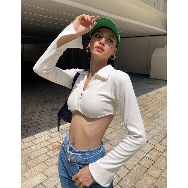 Áo croptop nữ body dài tay TOPTIFY cổ polo hai nút viền ngực Shelby Top | BigBuy360 - bigbuy360.vn